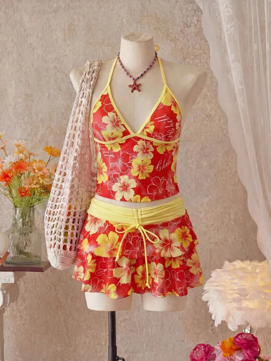 Voguable  Women Floral 3 Piece Tankini Set Halter Neck Tank Top Bikini Brief Drawstring Tiered Ruffle Swim Skirt Tropical Beach Swimwear voguable
