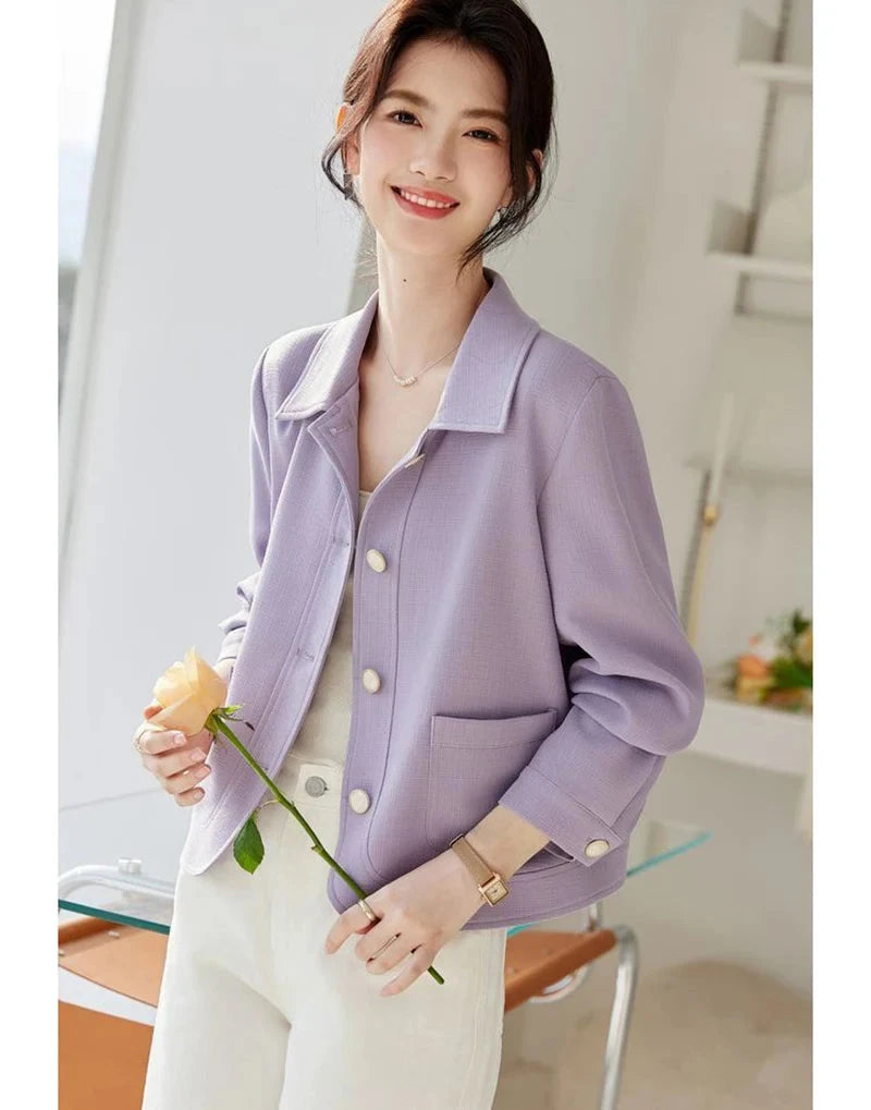 Elegant Slim Purple Jacket Women Sweet Long Sleeve Small Fragrance Coat Casual Fall Winter Lady French Pockets Fashion Tops voguable
