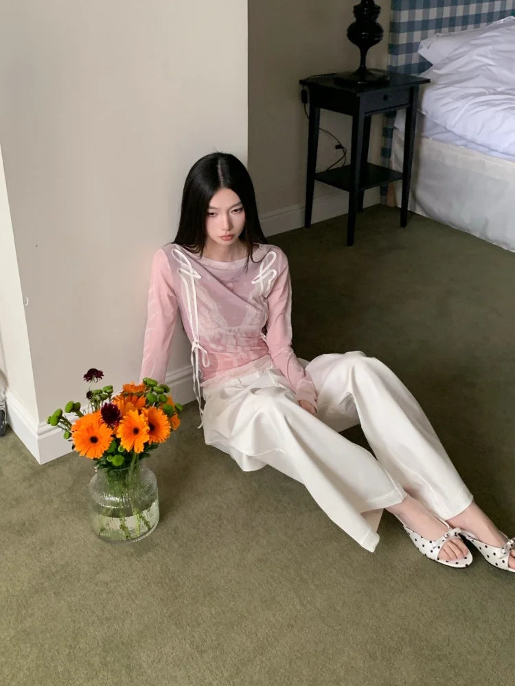 Designer Pink Long Sleeve T Shirt For Woman Fall 2025 Lace Print Funny Tees Cute Mesh Top Kawaii Clothes voguable