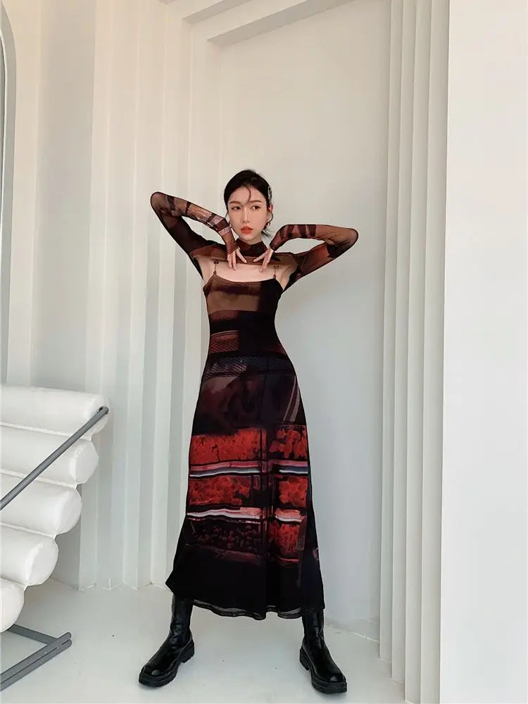 2 Piece Mesh Long Sleeve Punk Dress Women Turtleneck Long Midi Bodycon Ladies Dress Runway Fashion Designer Clothes voguable