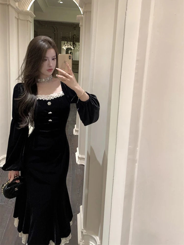 Lace Patchwork Black Dress Women Fall Winter French Elegant Square Collar Midi Dress Ladies Gold Velvet Party Fishtail Vestidos voguable