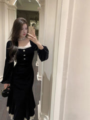 Lace Patchwork Black Dress Women Fall Winter French Elegant Square Collar Midi Dress Ladies Gold Velvet Party Fishtail Vestidos voguable