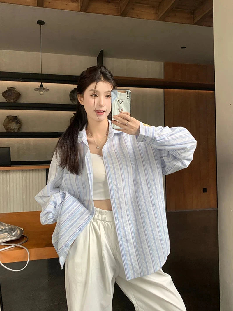Sweet Casual Women Striped Shirts Loose Long Sleeve Vintage Cotton Linen Sun Proof Blouse Korean Preppy Style Letter Retro Tops voguable