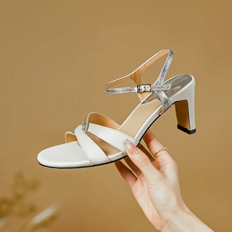 Summer Women Sandals Round Toe High Heel Sandals Genuine Leather Shoes for Women Mixed Colors Shoes Elegant Sandalias voguable