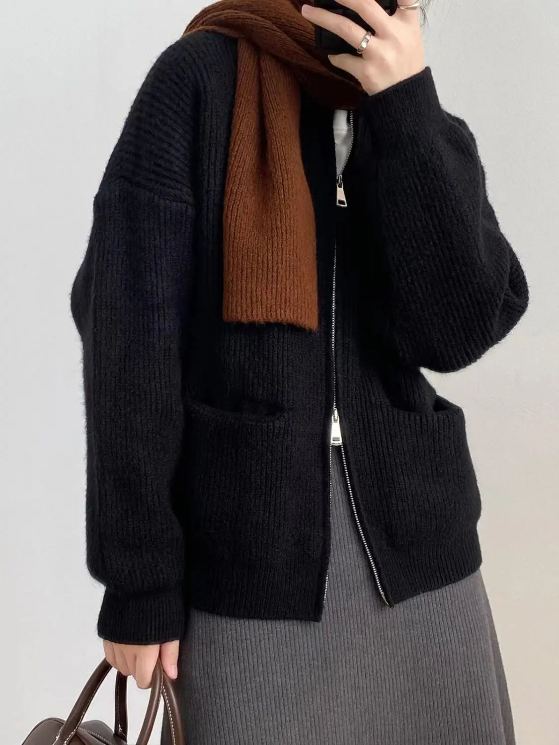 Sweater Cardigan Women Autumn Double Zipper Casual Korean Knitwear Coat Solid Color Loose Soft Long Sleeve Jackets Outerwear voguable