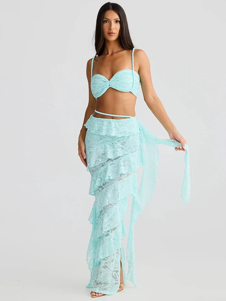 Summer Lace Sexy Two Piece Sets Women Fashion Strapless Crop Tops And Maxi Skirt Female Elegant Beach Party 2 Piece Set voguable