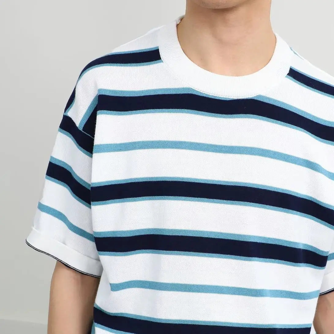 Voguable  Retro American Casual Short-sleeved T-shirt for Men Round Neck Short-sleeved T-shirt Base Shirt for Summer New Stripes for Men voguable