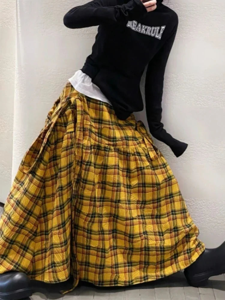 Vintage Plaid Skirt Women Y2k Japanese Style Long Skirt Harajuku Streetwear Fashion Retro A-line Midi Skirts Aesthetics voguable