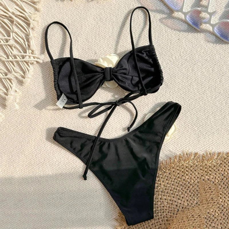 Voguable Sexy Flower Bandeau Swimwear Thong Bikini 2024 Women Lace-up Swimsuits Swimming Bathing Suit Brazilian Bikinis Set Mujer Biquini voguable