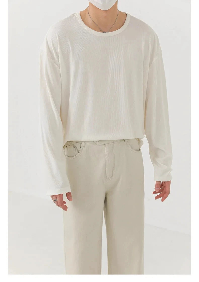 Korean Fashion Men T-shirt Luxury Knitted Solid Color Scoop Neck Long Sleeve Tees Casual Premium Quality Textured Knitwear M-3XL voguable