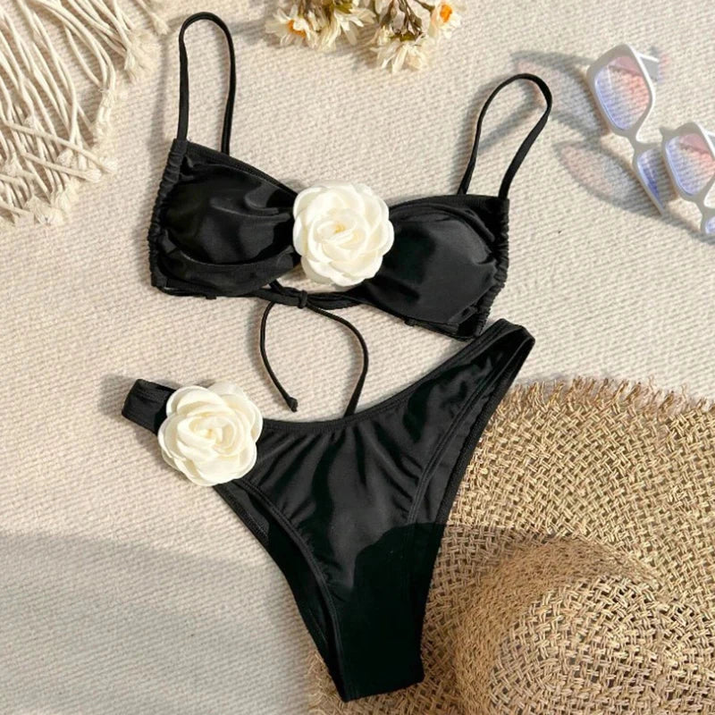 Voguable Sexy Flower Bandeau Swimwear Thong Bikini 2024 Women Lace-up Swimsuits Swimming Bathing Suit Brazilian Bikinis Set Mujer Biquini voguable