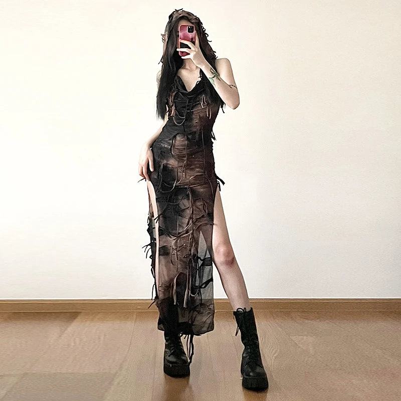 Grunge Dress y2k Women Clothes Tie Dye Print Sleeveless Side Split Hooded Dress Gothic Party Dresses Halloween Costume voguable