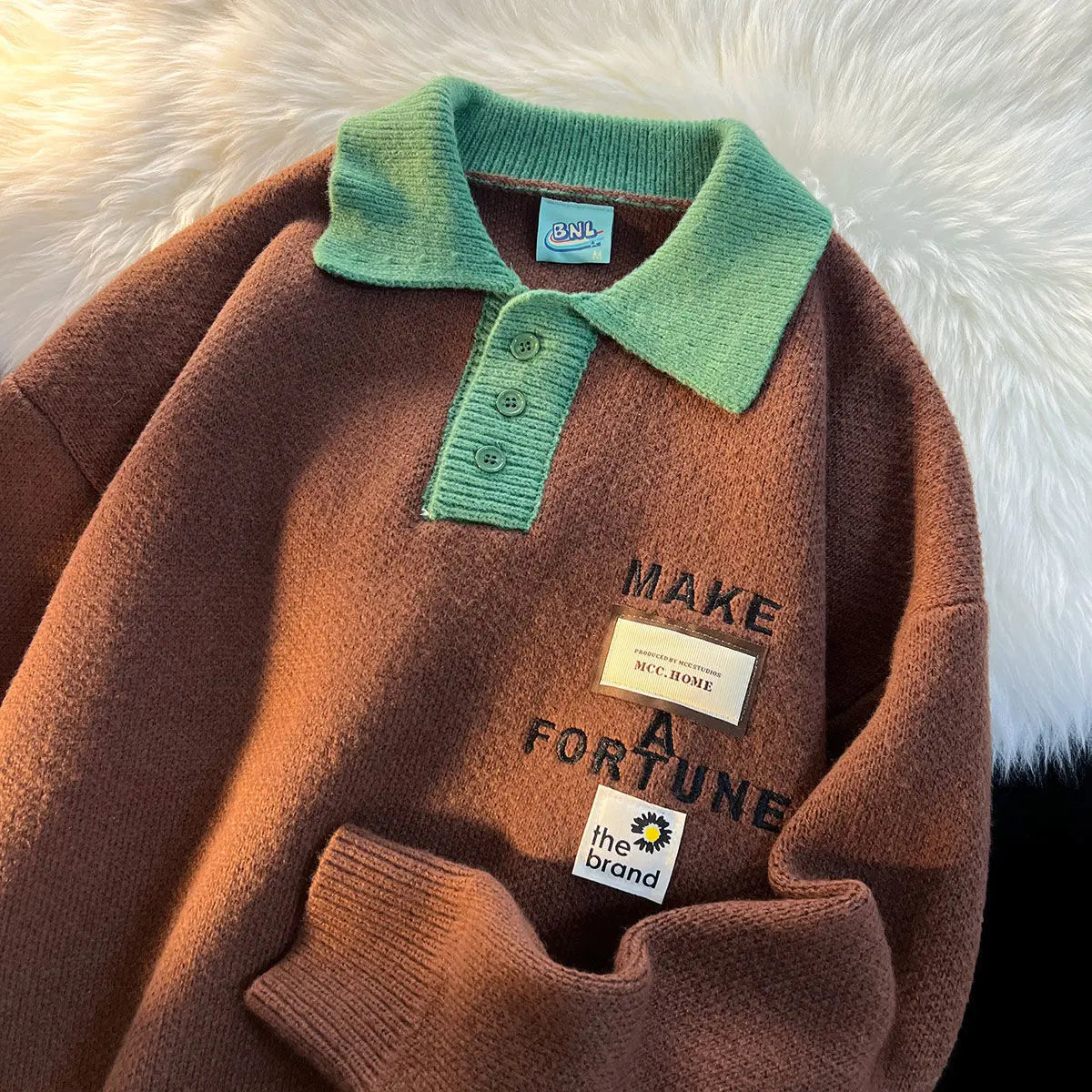 Voguable Ins High Street Cute Embroidery Buttons POLO Shirt Sweaters for Men Baggy Oversized Pullover Harajuku Streetwear Winter Clothes voguable