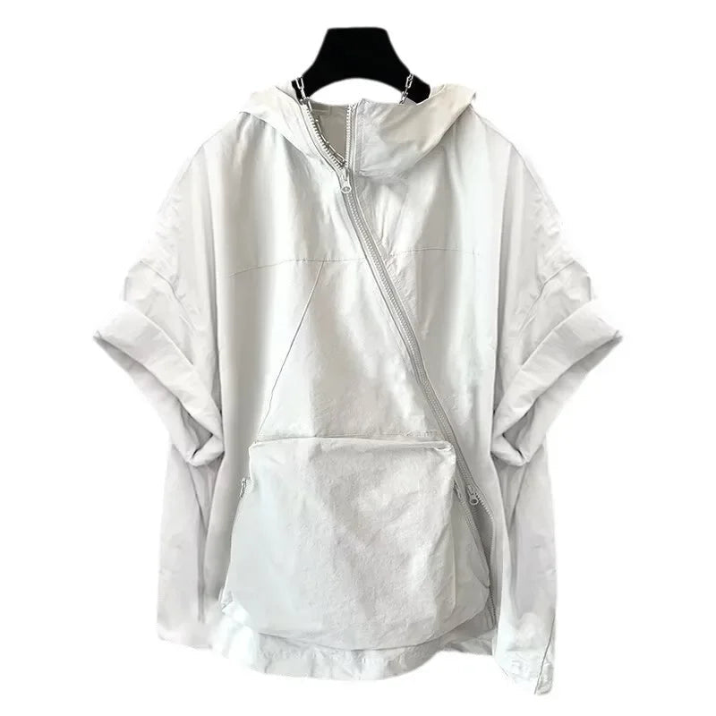 Voguable  Trendy Zip-Up Hooded Short Sleeve Men's T-Shirt Korean Style Loose Fit Large Pocket Summer Casual Tops voguable