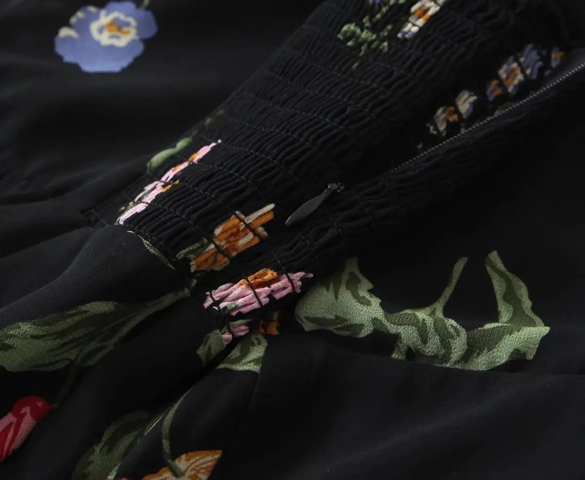 Voguable Summer Fashion Women French Style Floral Print Sling Chiffon Dress Vintage Black Female Midi Robe Prairie Chic voguable