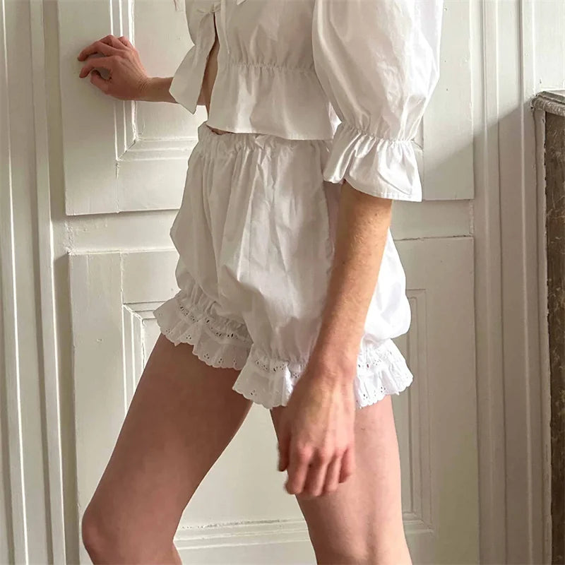 White Bloomers Ruffle Hem Bottoms Women Solid Color Elastic High Waist Panties Coquette Clothing y2k Victorian Shorts voguable