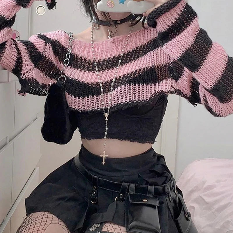 Voguable  Pink Contrast-paneled Crop Smock Top Y2K Aesthetic Cute Knitted Long Sleeve Pullover for Women Sweater Vintage Clothes voguable