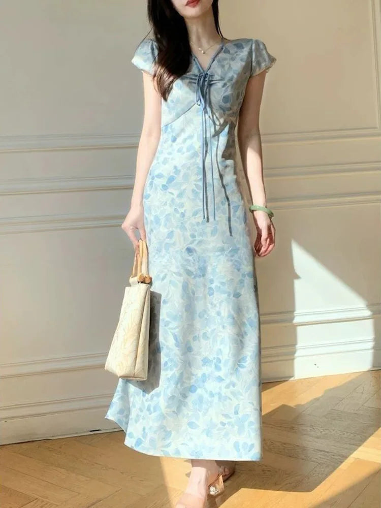 Sweet Blue Print Long Dress Women Slim Vintage V Neck Elegant Dress Casual French Retro Lace Up Female Soft Vestidos New voguable