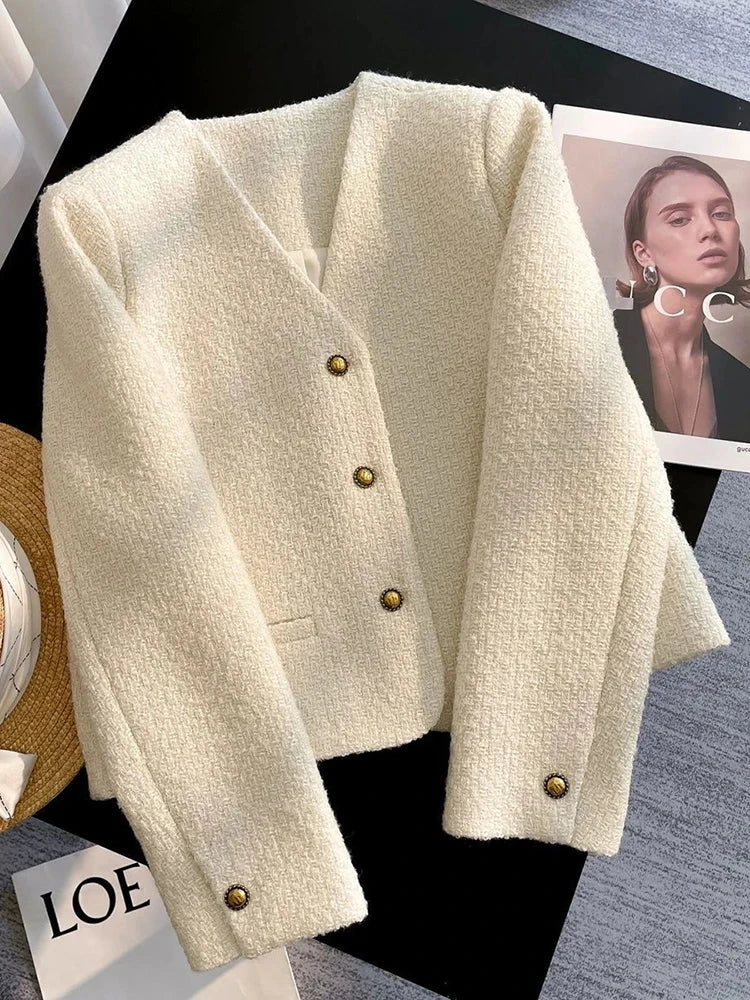 Slim Elegant Tweed Jacket Women Vintage Long Sleeve Sweet Short Coat French Casual Vintage Lady V Neck Single Breasted Tops voguable