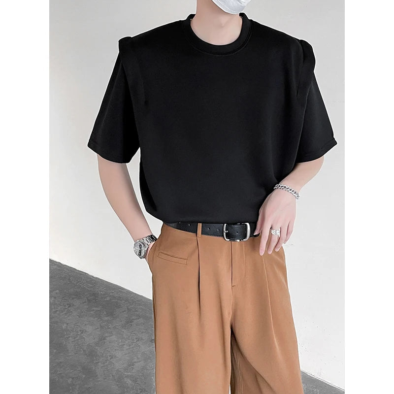 Summer T Shirt Men Fashion Black White Casual Short Sleeved T-shirt Men Streetwear Korean Loose Shoulder Pad T Shirt Mens Top voguable