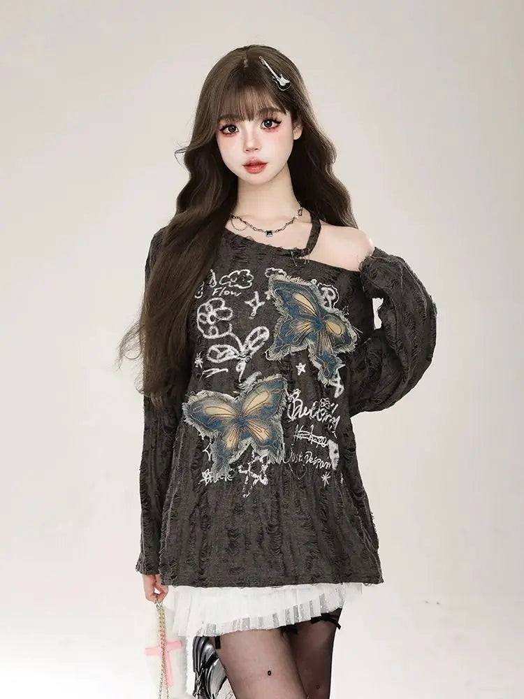 Y2k Holes Graphic Long sleeve T shirt Women Off shoulder Oversize Tops Female Spring Autumn Vintage s Basic Tees Streetwear voguable