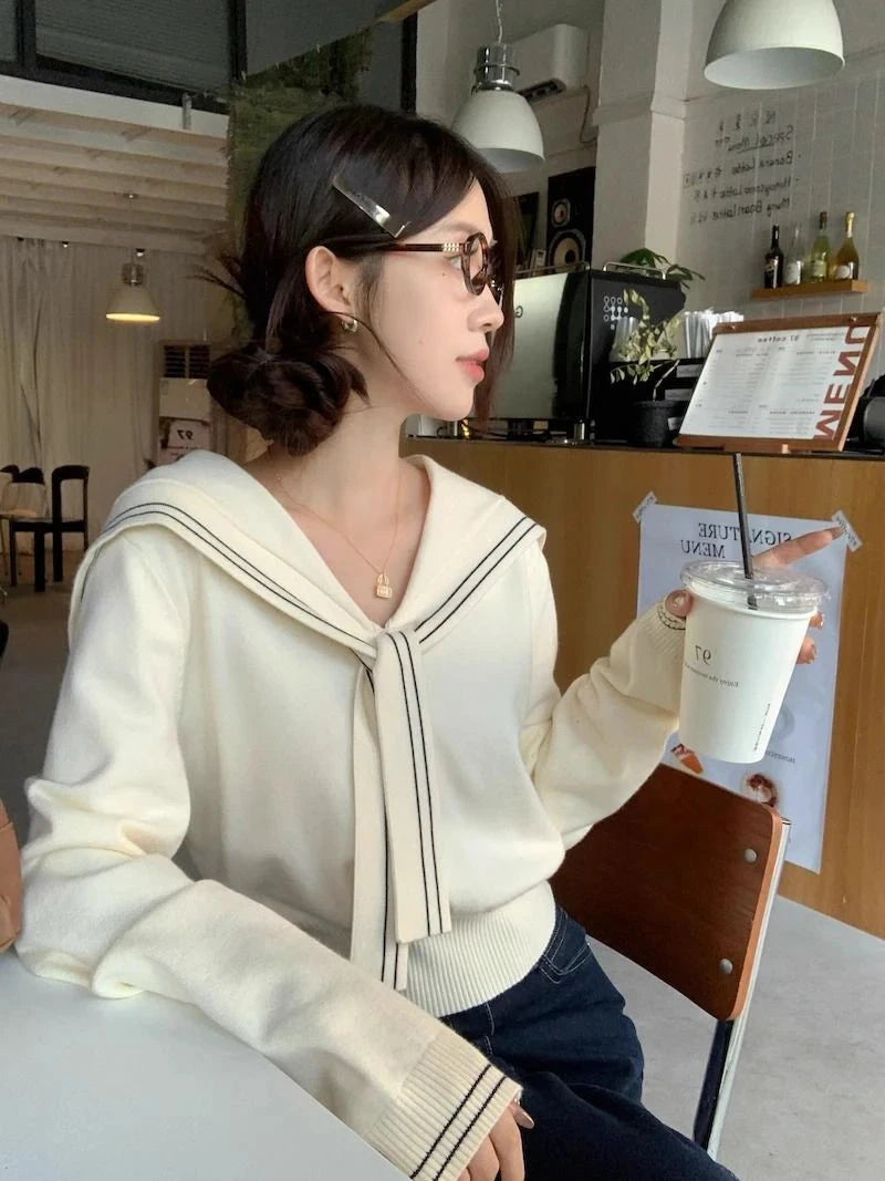 Sweet Sailor Collar Sweaters Women Vintage Preppy Style Fall Knitted Jumpers Casual Long Sleeve Lady Loose Striped Pullover New voguable