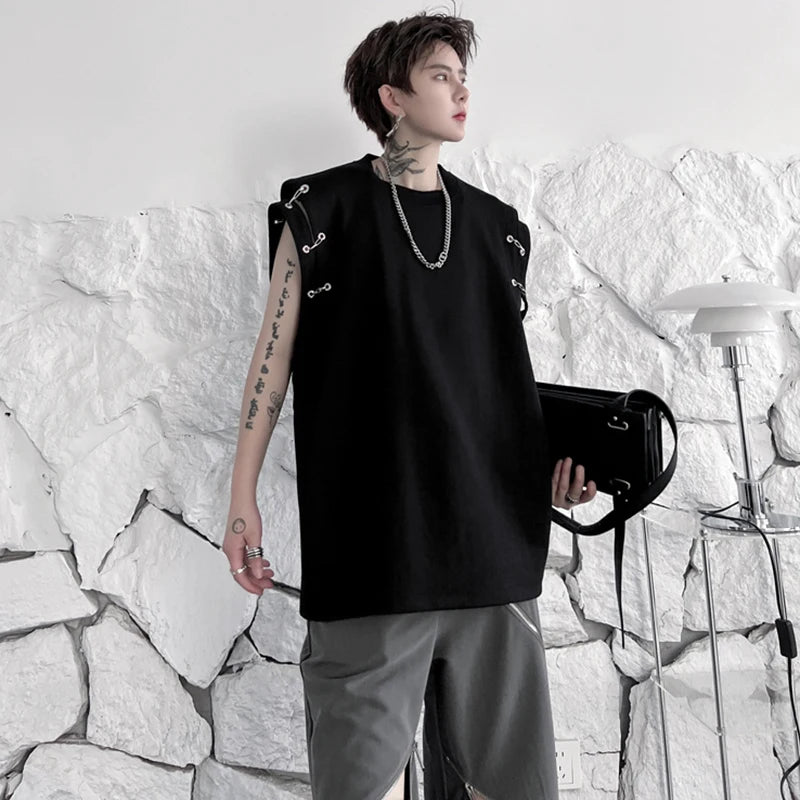 Voguable Stylish High Street Original Sleeveless T-shirts Men's 2024 Summer New Trendy Metal Buckle Decorate Male Vets Tops voguable