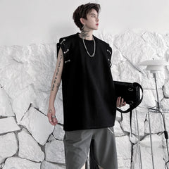 Voguable Stylish High Street Original Sleeveless T-shirts Men's 2024 Summer New Trendy Metal Buckle Decorate Male Vets Tops voguable