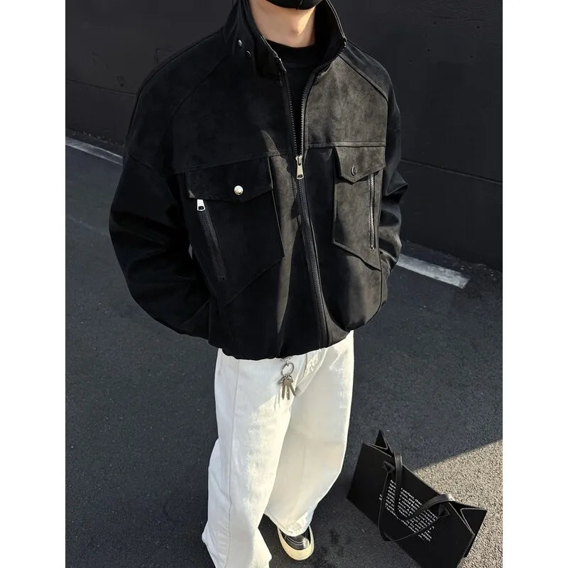 Mens Short Stand Collar Motorcycle Jacket Patchwork Cargo Biker Coat Spring Outdoor Riding Fashion Streetwear Urban Trendy voguable