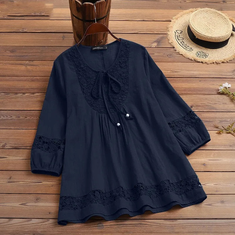 Fashion Women's Solid Lace Top Cotton Linen Casual Top Woman New Summer Blouse Three-Quarter Sleeve Loose Shirt & Blouse Women voguable