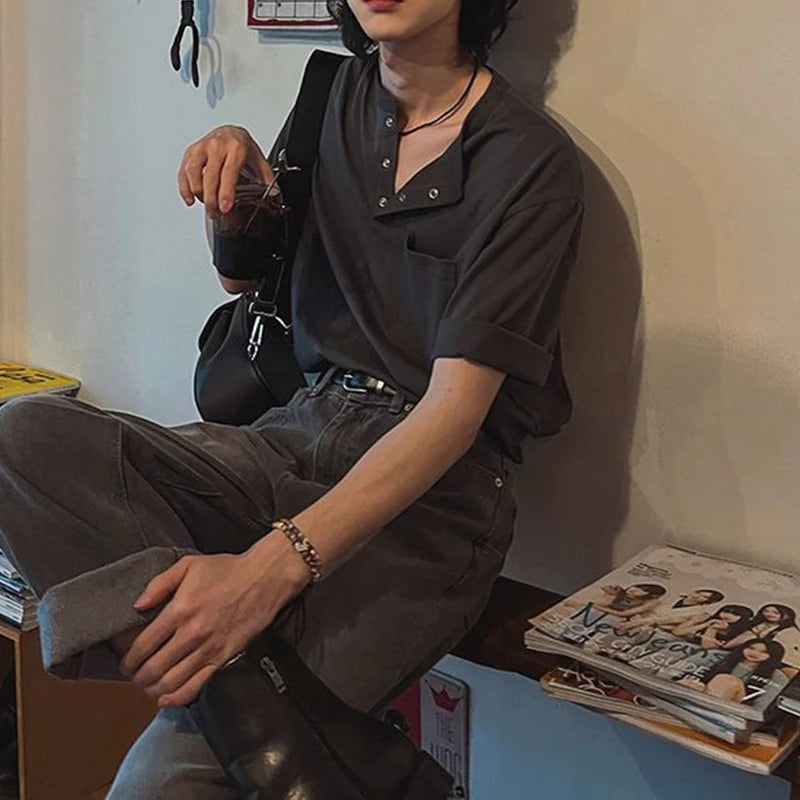New Fashion Korean Style Men T-shirt Light Luxury Henry Collar Tops Casual Loose High Quality Solid Color Half Sleeve Tees M-2XL voguable