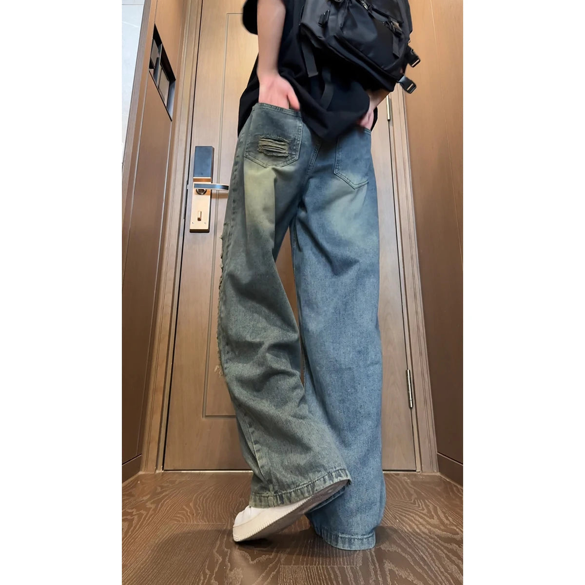 Beggar jeans men Vintage Streetwear Ripped Hole Jeans Men Women Harajuku Aesthetic Wide Leg Denim Trousers Unisex Straight Pants voguable