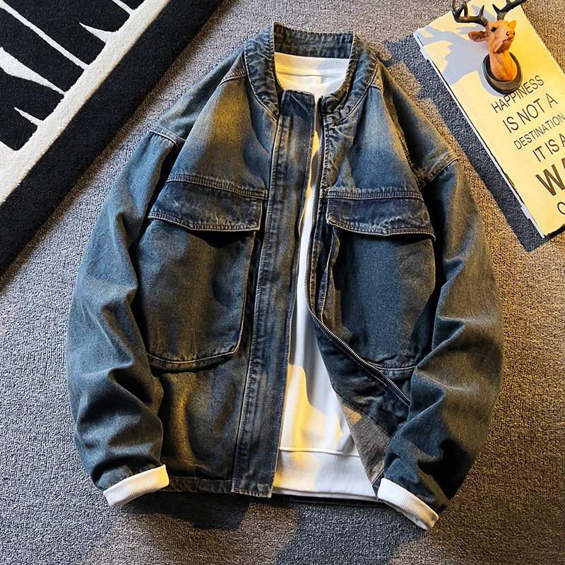 Spring Autumn Old Blue Loose Large Pocket Stand Collar Denim Jacket Men's Retro American High Street Zipper Jacket Top Urban voguable