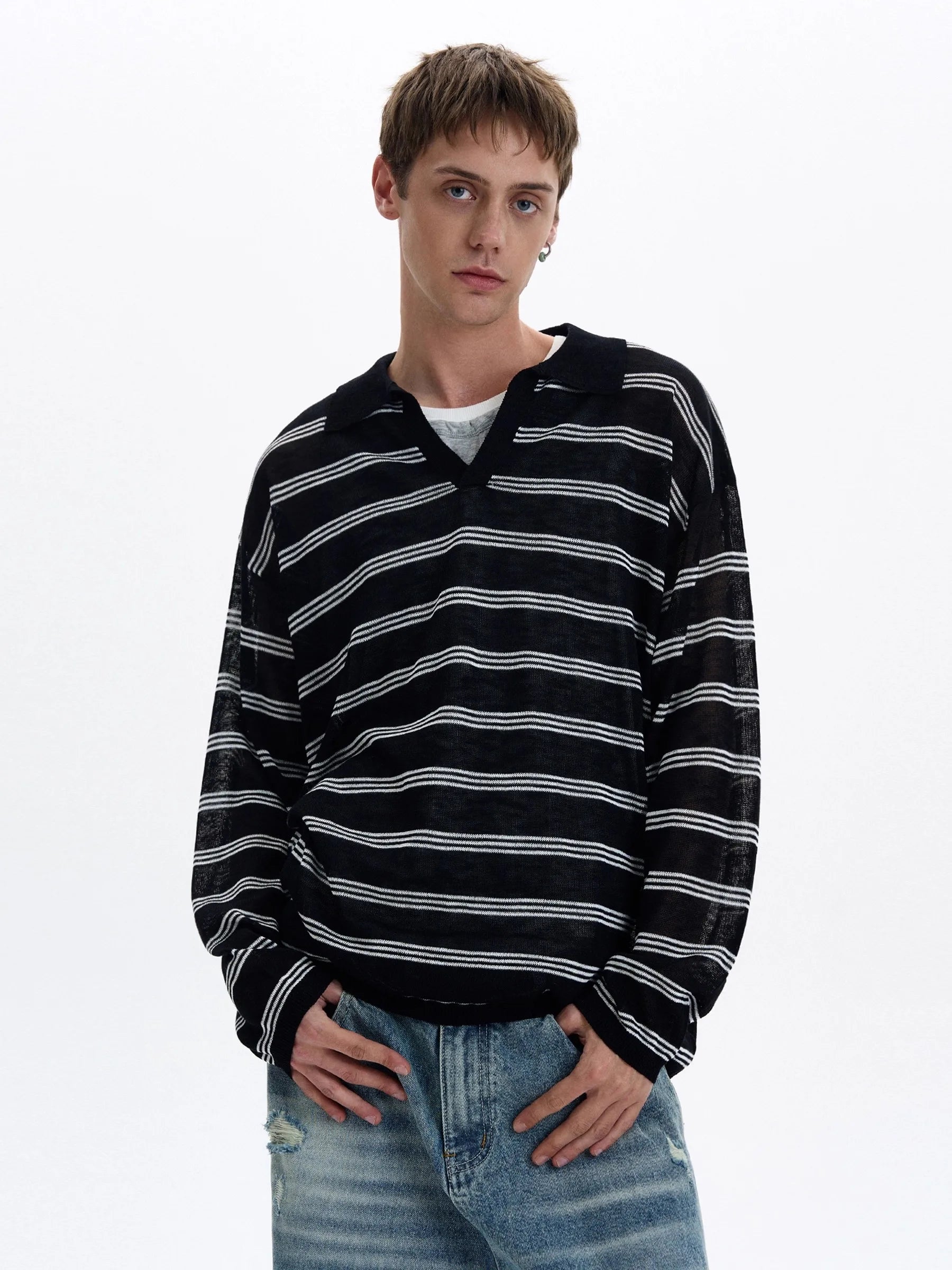 American Retro Striped Contrasting Color V-neck Long-sleeved Polo Shirt Men Women Loose Casual Bottoming Trendy Tops Aesthetic voguable