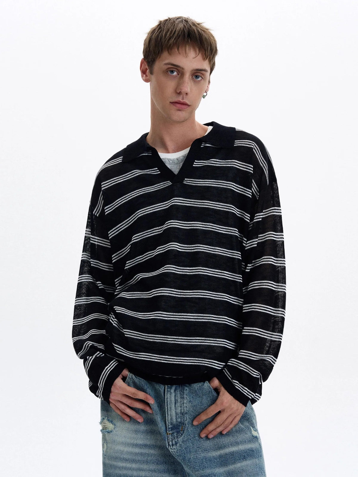 American Retro Striped Contrasting Color V-neck Long-sleeved Polo Shirt Men Women Loose Casual Bottoming Trendy Tops Aesthetic voguable