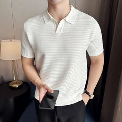 Men's Polo Shirt 2024 Summer New Thin Knitted Hollow Striped Jacquard Solid Short Sleeved V-neck T-shirt Casual Men's Clothing voguable