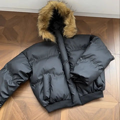 Voguable  Black Fur Collar Hooded Coats Winter American High-Street Puffer Jackets Warm Thickened Loose Outerwear Punk Subculture Fashion voguable
