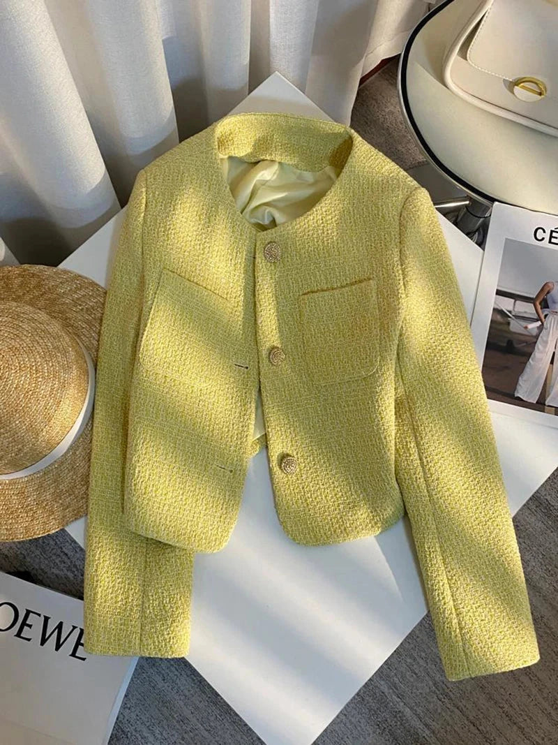 Yellow Sweet Tweed Jacket Women Elegant Retro Slim Long Sleeve Short Coat Korean O Neck Casual Fall Female Vintage Outwear voguable