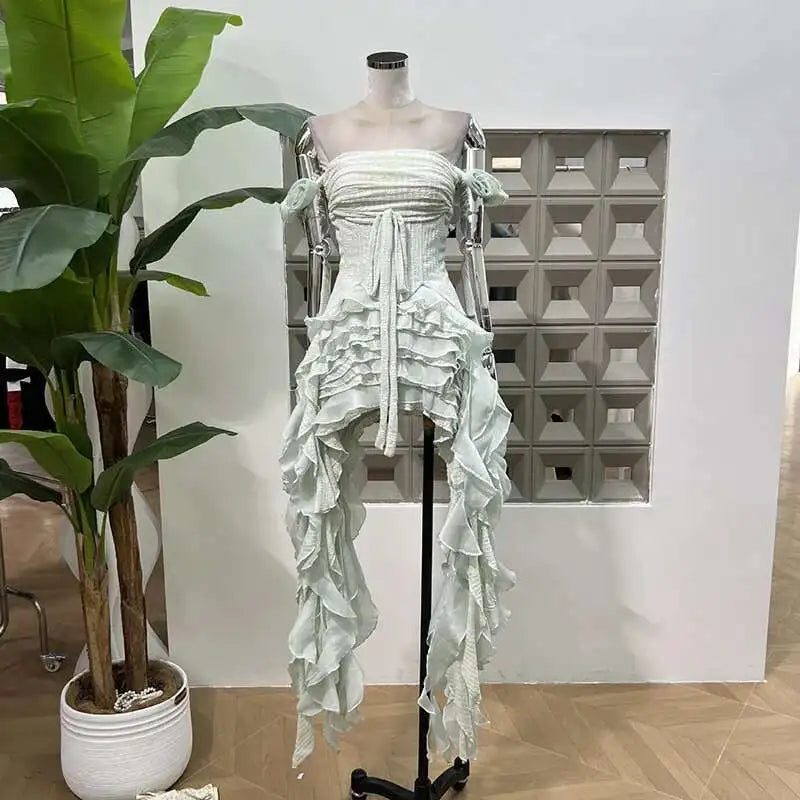 Fashion Women Dress Sleeveless Slash Neck Solid Color Tassel Strapless Irregular Female Party Dress New Tide voguable