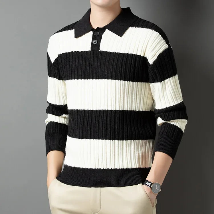 Voguable  Polo Shirt Luxury Men's Pullover Sweater Fashion Thick Warm Sweater Striped Casual T-shirt Men's Top Loose Knitwear voguable