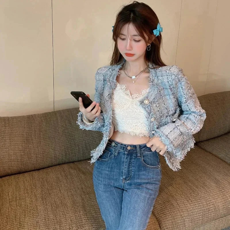 Chic Tassel Slim Tweed Jacket Women Casual Sweet Long Sleeve Short Coat Korean Fashion O Neck Elegant Design Plaid Tops New voguable