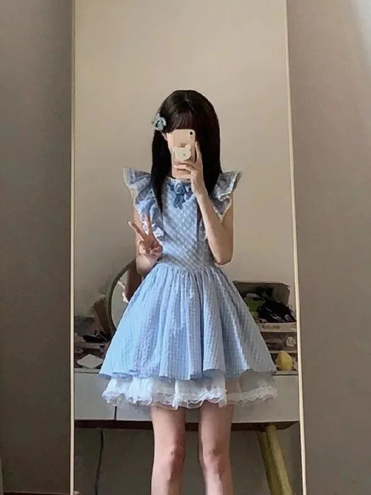 Cute Sweet Blue Plaid Dress Women Elegant 3D Floral Flying Sleeve Mini Dress Japan Vintage Slim Kawaii Lace Patchwork Dress voguable