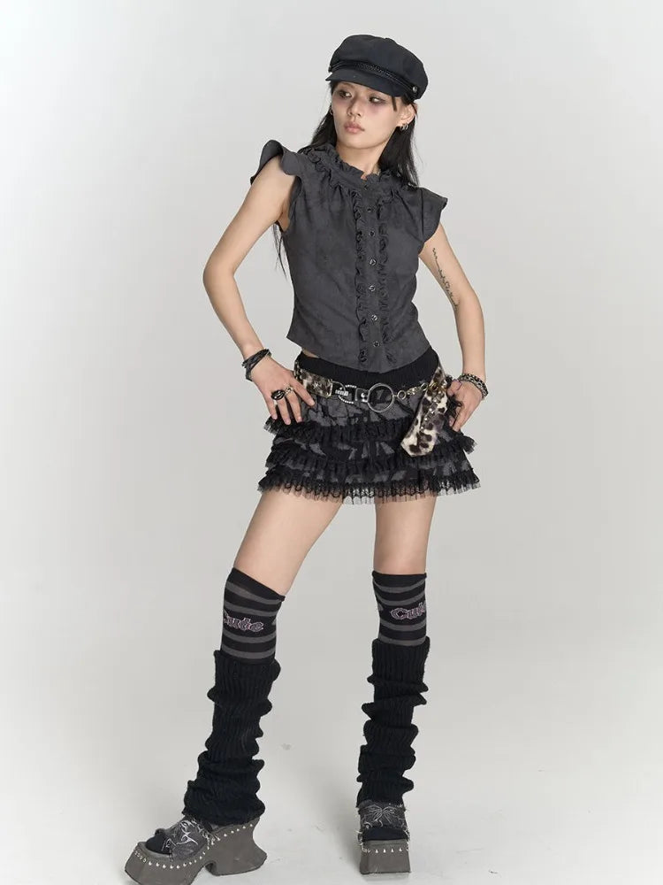 HOUZHOU Gothic Punk Vintage T Shirts Women Korean Style Harajuku Streetwear Patchwork Ruffled Sleeveless Slim Tees Top 2024 Chic voguable