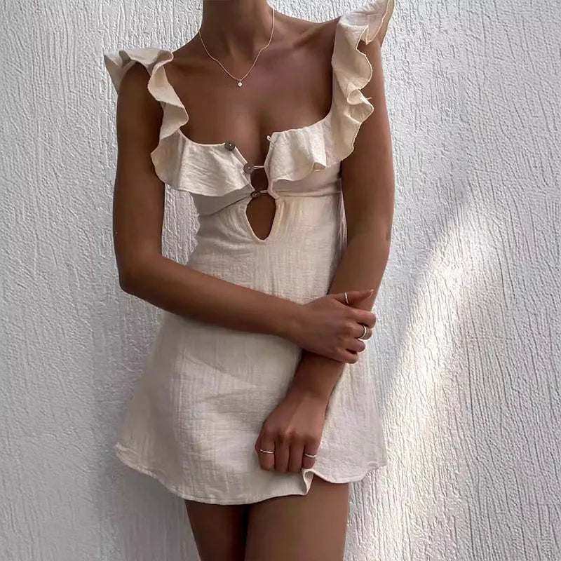 Summer Hollow Out Button Ruffles Short Dress Sexy V Neck Sleeveless Solid Color Dress New Holiday Beach Cotton Linen Mini Dress voguable