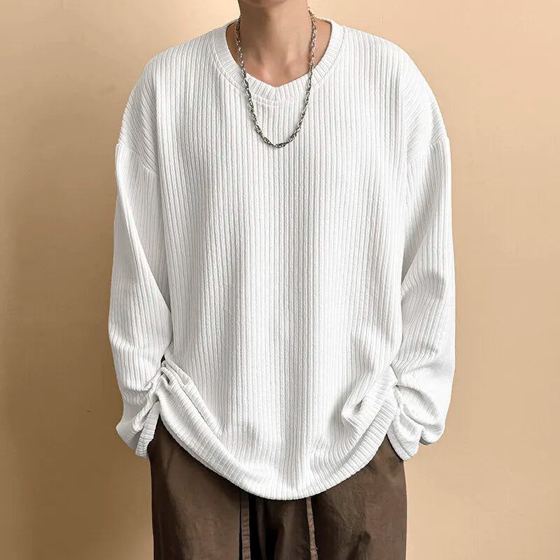 Spring New Striped Textural T-shirt For Men Long Sleeve Simple All-match Tops Korean Casual Solid Color Male Female Loose Tees