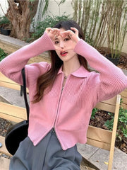 Voguable  Sweet Cute Solid Zipper Pullovers Women Fashion Leisure All-match Retro Simple Vintage Loose Female Zipper Knitwear Top voguable