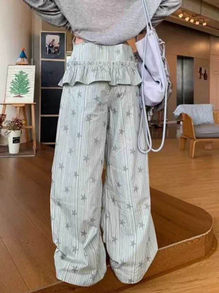 Stars Print Y2K Cargo Pant Women Vintage Streetwear Loose High Waist Design Trousers Hip Hop Retro American Casual Wide Leg Pant voguable