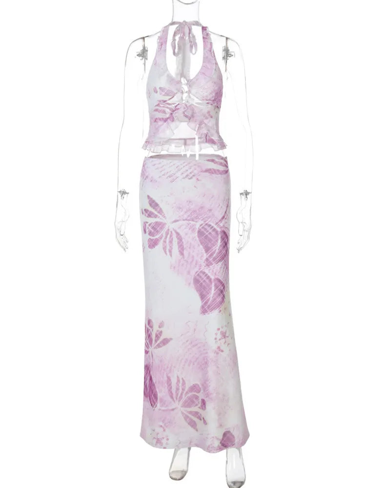 Mesh Print Sexy Skirt Two Piece Set Women Fashion Halter Tank Tops And Maxi Skirt Female Elegant Printed 2 Piece Set voguable