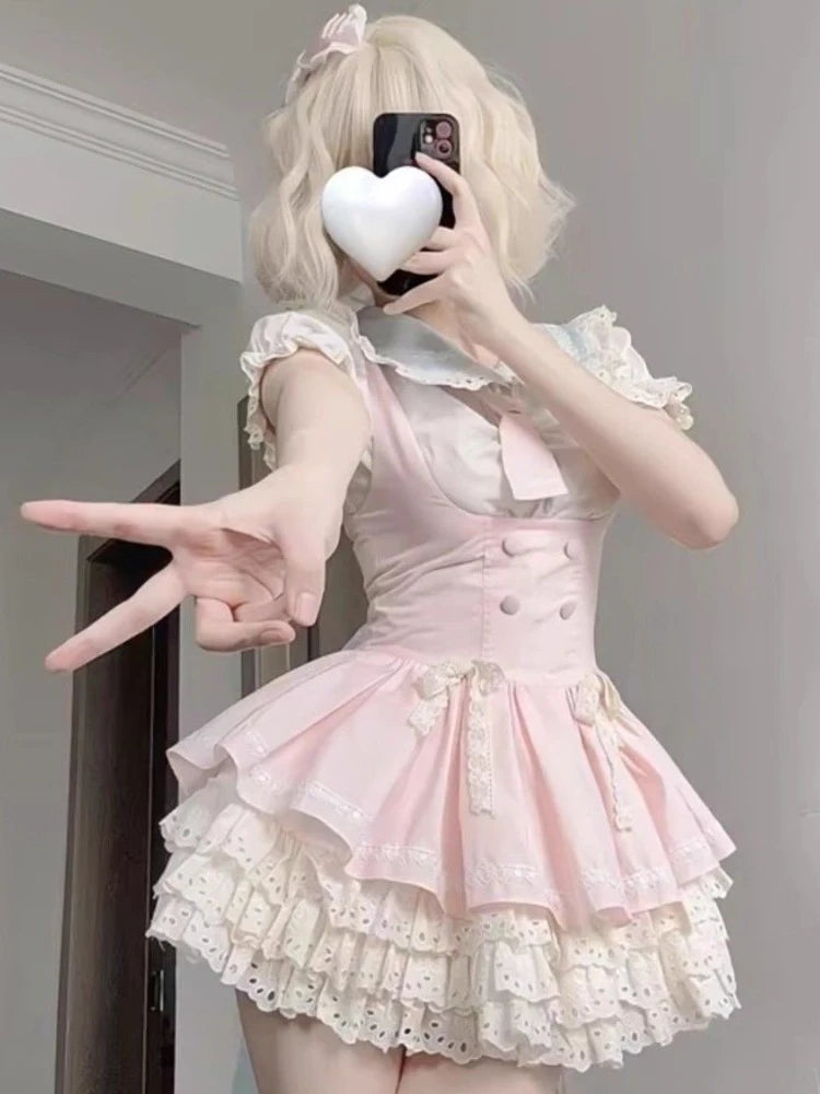 Voguable 2024 Lolita Kawaii 2 Piece Sets Women Cute Slim Blouse Blouse + Sweet Lace Sleeveless Y2k Mini Dress Japanese Style Fashion Suit voguable