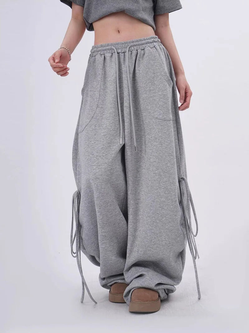 Streetwear Gray Sweatpants Women Low Waist Loose Harajuku Pockets Pants American Casual Hip Hop Lace Up Oversize Bf Trousers New voguable